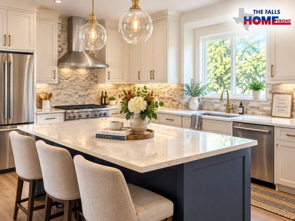 Updated kitchen featuring new backsplash tile, countertops, and pendant lighting 